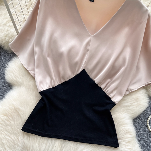 Elegant V-neck Patchwork Satin Shirt
