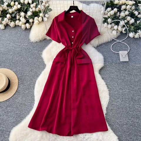 Lapeled Single-breasted Drawstring Shirt Dress