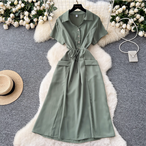 Lapeled Single-breasted Drawstring Shirt Dress