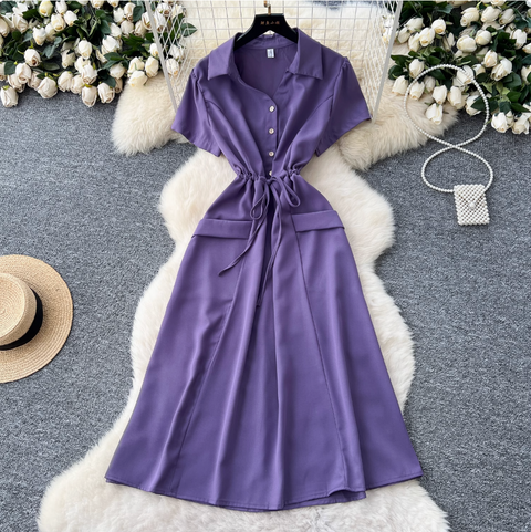 Lapeled Single-breasted Drawstring Shirt Dress
