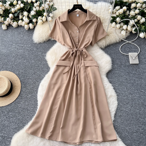 Lapeled Single-breasted Drawstring Shirt Dress