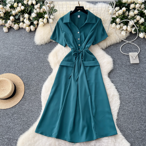 Lapeled Single-breasted Drawstring Shirt Dress