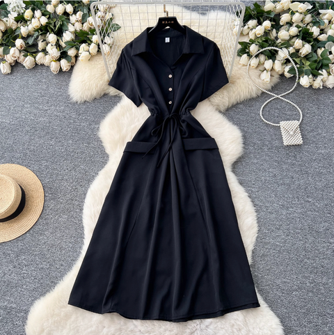 Lapeled Single-breasted Drawstring Shirt Dress