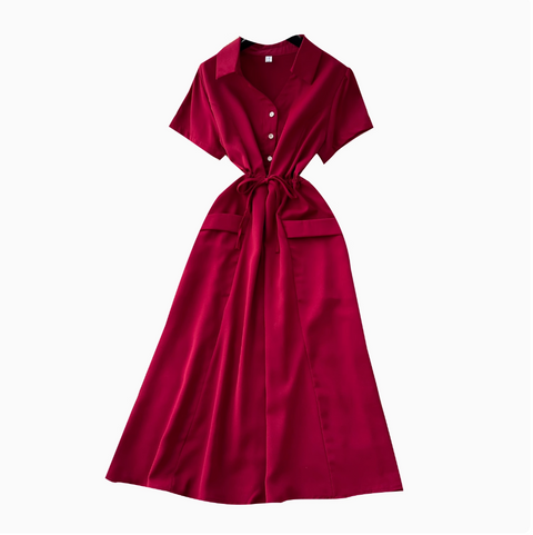 Lapeled Single-breasted Drawstring Shirt Dress