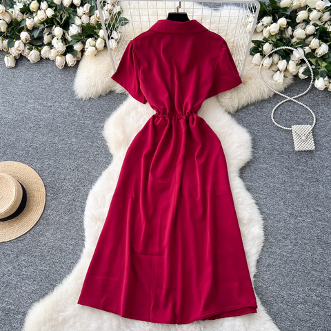 Lapeled Single-breasted Drawstring Shirt Dress