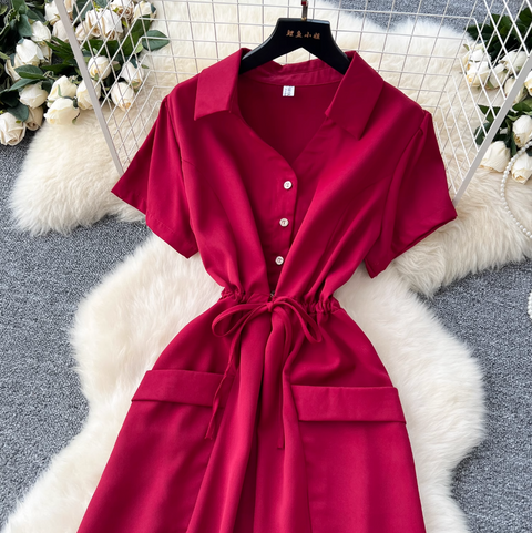 Lapeled Single-breasted Drawstring Shirt Dress