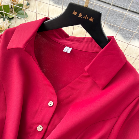 Lapeled Single-breasted Drawstring Shirt Dress