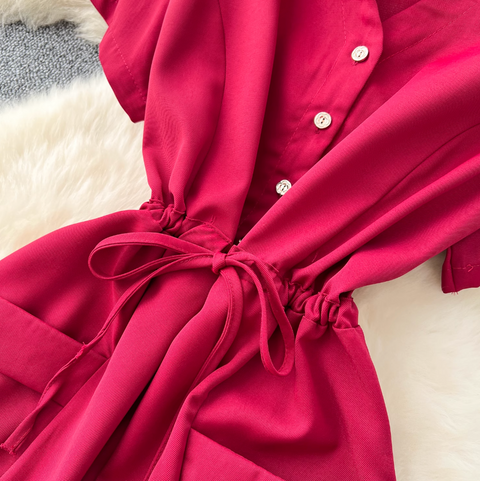 Lapeled Single-breasted Drawstring Shirt Dress