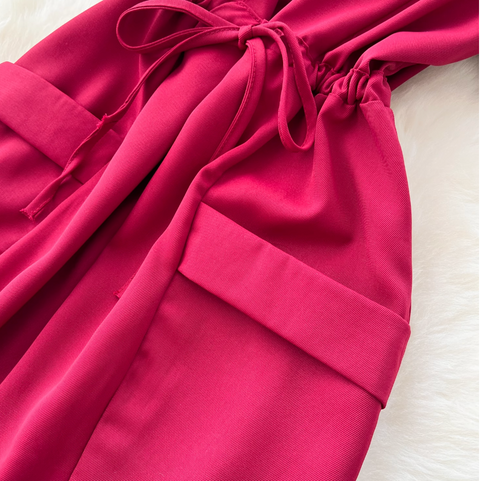 Lapeled Single-breasted Drawstring Shirt Dress