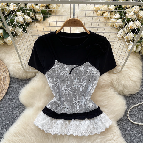 Faux Two-pieces Mesh Patchwork Shirt