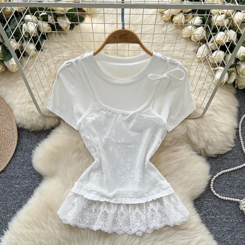 Faux Two-pieces Mesh Patchwork Shirt