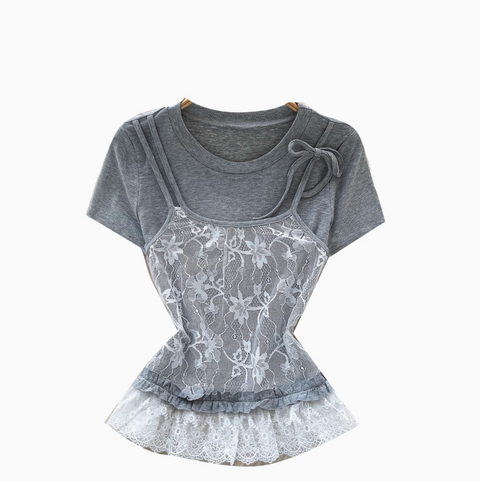 Faux Two-pieces Mesh Patchwork Shirt