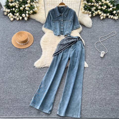 Chic Short Jacket & Jeans Denim 2Pcs