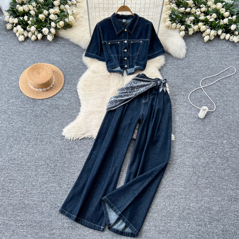 Chic Short Jacket & Jeans Denim 2Pcs
