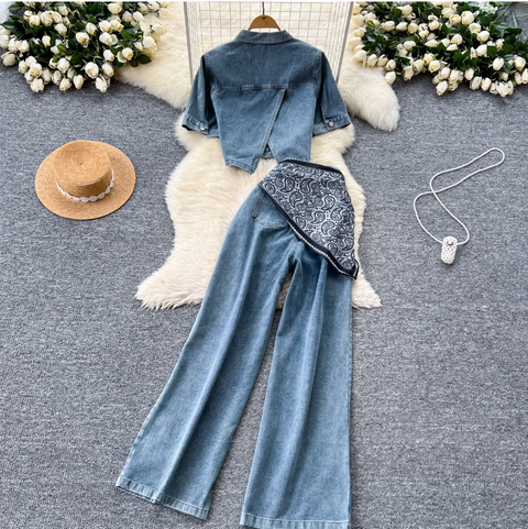 Chic Short Jacket & Jeans Denim 2Pcs