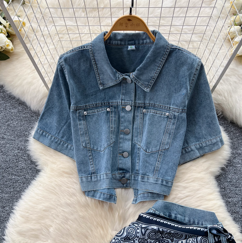 Chic Short Jacket & Jeans Denim 2Pcs