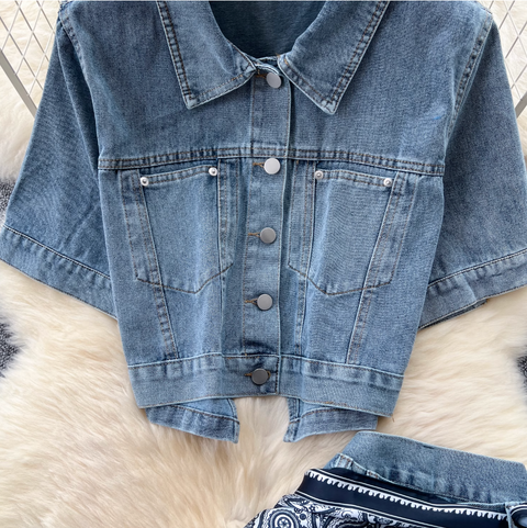 Chic Short Jacket & Jeans Denim 2Pcs