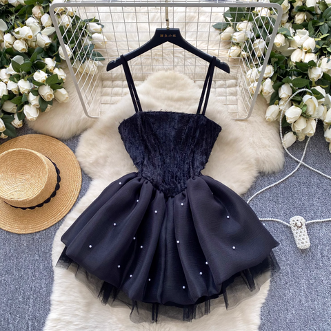 Furry Patchwork Puffy Mesh Slip Dress