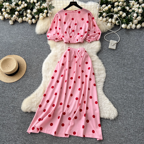 Polka Dot Printed Shirt & Skirt 2Pcs