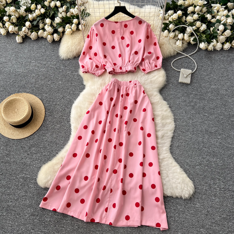 Polka Dot Printed Shirt & Skirt 2Pcs