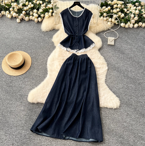 Lace Patchwork Denim Vest & Skirt 2Pcs