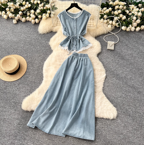 Lace Patchwork Denim Vest & Skirt 2Pcs