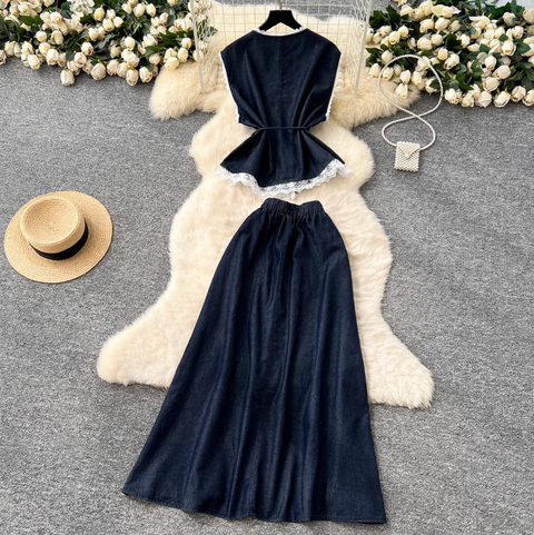 Lace Patchwork Denim Vest & Skirt 2Pcs