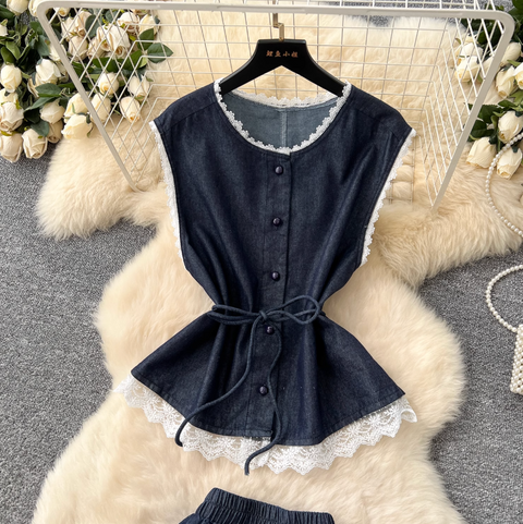 Lace Patchwork Denim Vest & Skirt 2Pcs