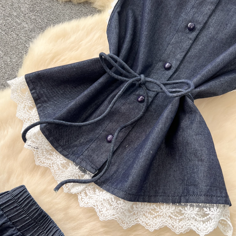 Lace Patchwork Denim Vest & Skirt 2Pcs