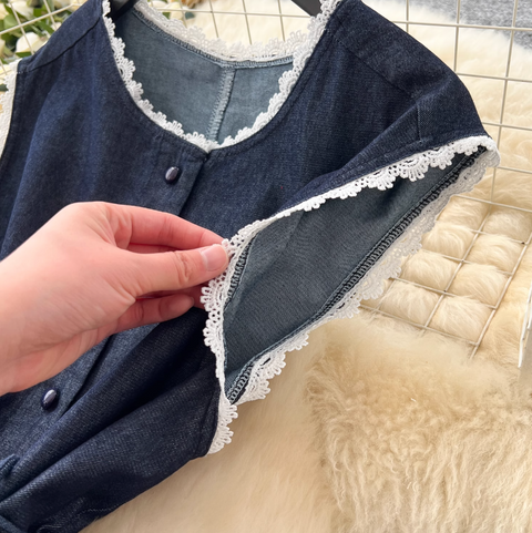 Lace Patchwork Denim Vest & Skirt 2Pcs