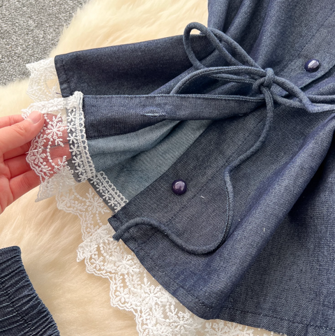 Lace Patchwork Denim Vest & Skirt 2Pcs