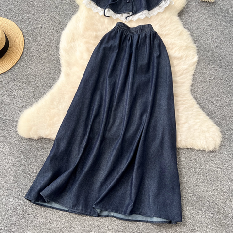 Lace Patchwork Denim Vest & Skirt 2Pcs