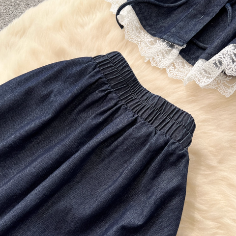 Lace Patchwork Denim Vest & Skirt 2Pcs