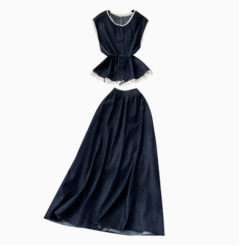 Lace Patchwork Denim Vest & Skirt 2Pcs