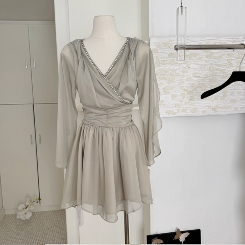 Beaded V-neck Fairy Chiffon Dress