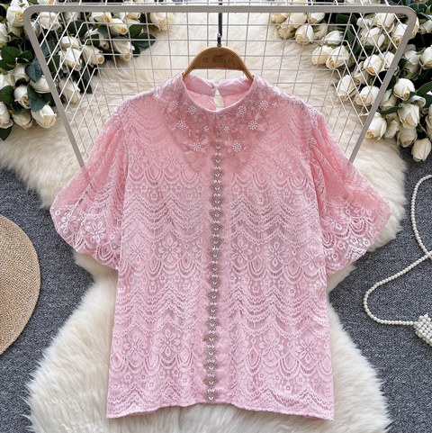 Courtly Puffy Sleeve Crochet Shirt