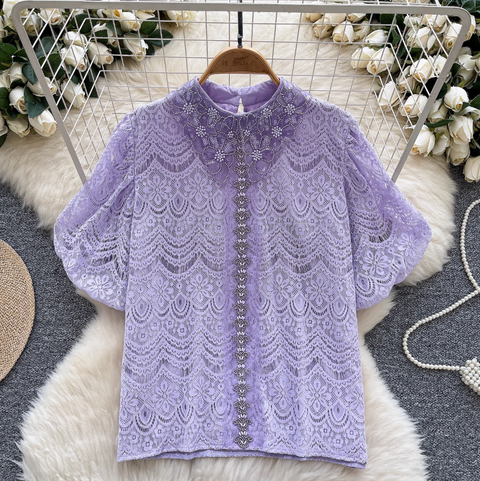 Courtly Puffy Sleeve Crochet Shirt