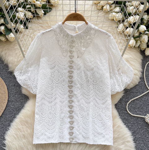 Courtly Puffy Sleeve Crochet Shirt