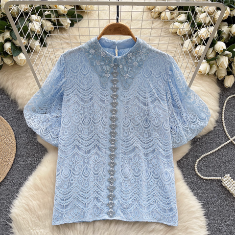 Courtly Puffy Sleeve Crochet Shirt