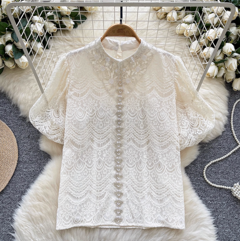 Courtly Puffy Sleeve Crochet Shirt