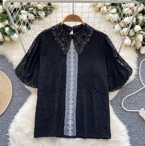 Courtly Puffy Sleeve Crochet Shirt