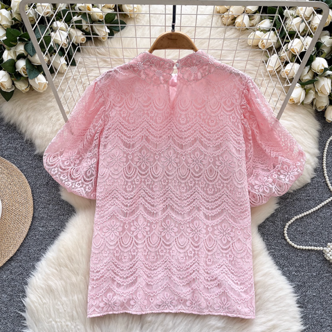 Courtly Puffy Sleeve Crochet Shirt