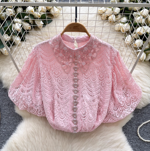 Courtly Puffy Sleeve Crochet Shirt