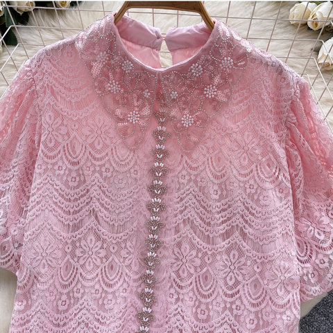 Courtly Puffy Sleeve Crochet Shirt