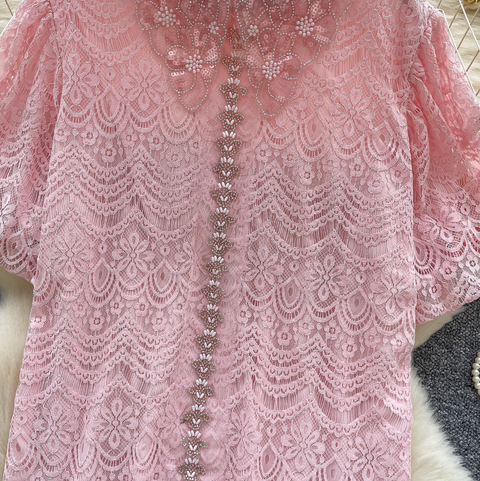 Courtly Puffy Sleeve Crochet Shirt
