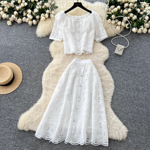 Doll-collar Top & Skirt White Lace 2Pcs