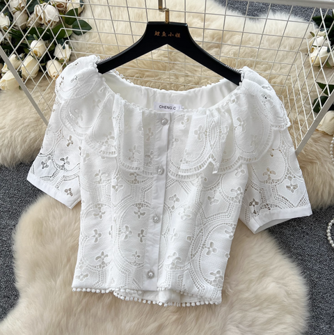Doll-collar Top & Skirt White Lace 2Pcs