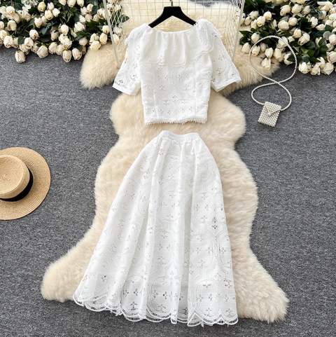 Doll-collar Top & Skirt White Lace 2Pcs