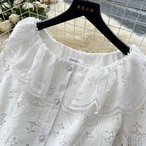 Doll-collar Top & Skirt White Lace 2Pcs
