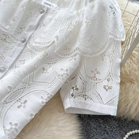 Doll-collar Top & Skirt White Lace 2Pcs